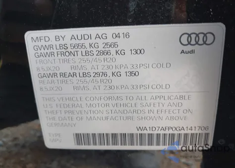 2016 Audi Q5 3.0T Premium Plus z USA, uszkodzony, nr VIN WA1D7AFP0GA141706